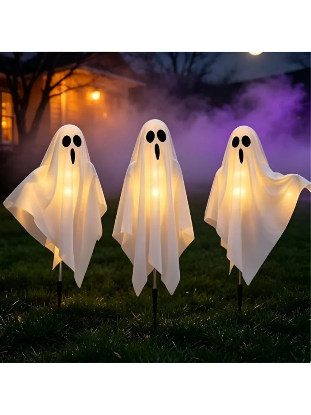 3-Pack & Solar Powered Ghost Halloween Decorations Outdoor, Auto On/Off